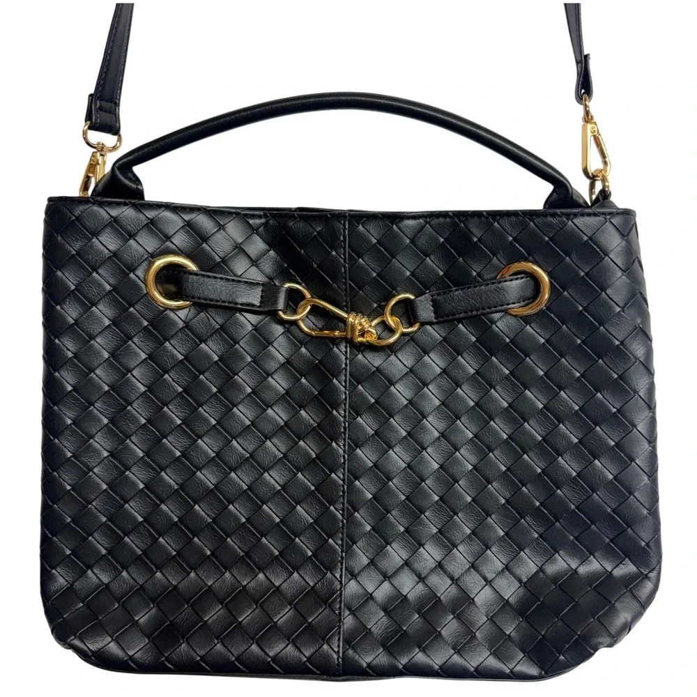 Black Woven Faux Leather Shoulder Bag Gold Hardware Crossbody TT251133-BLK‎